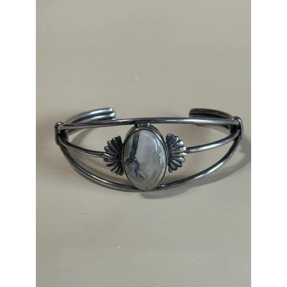 Vintage GFMW Sterling Silver Green Lace Jasper Cuff Bracelet 6 1/4' - Picture 2 of 11